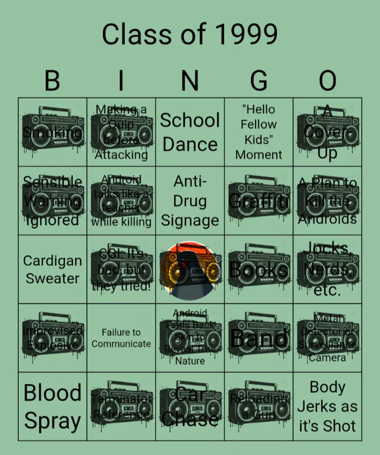 An almost complete monstered-on bingo card for class of 1999.